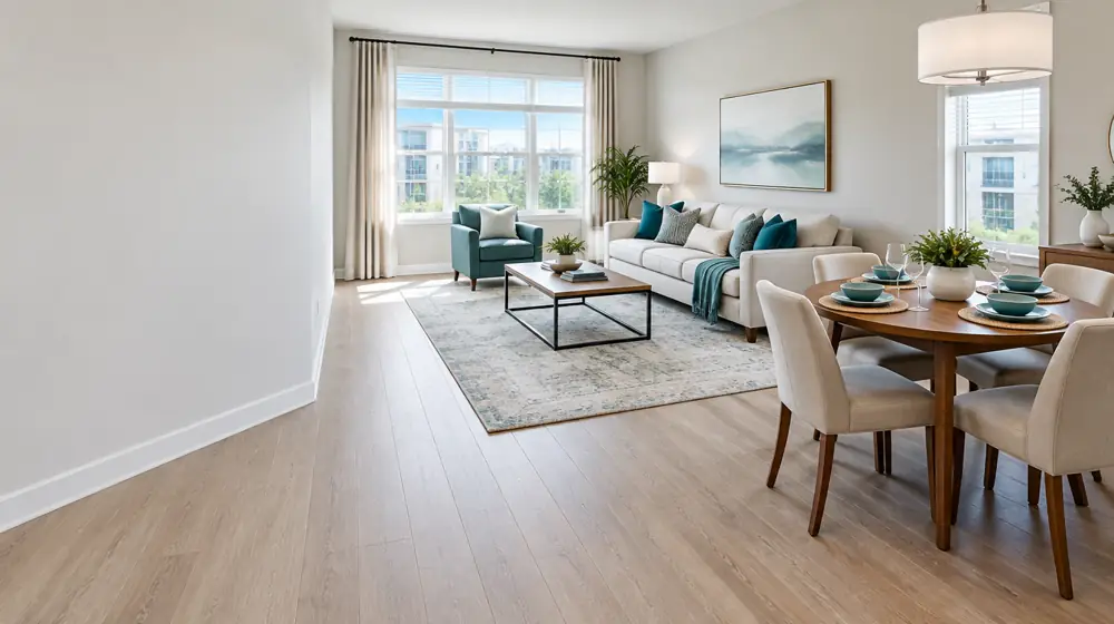 A tidy living and dining room