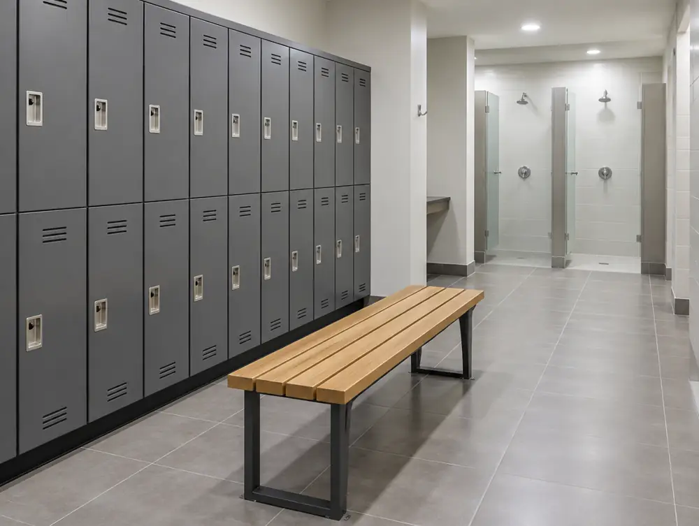 A clean locker room with a bench and dry tiled floor