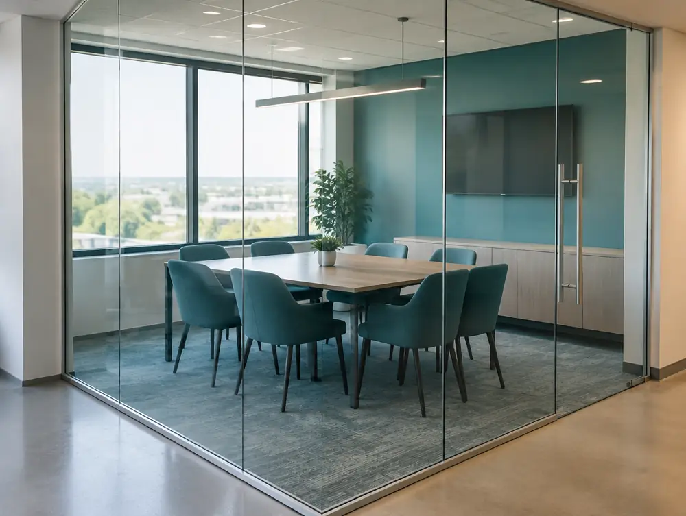 A glass-walled meeting room with clean glass