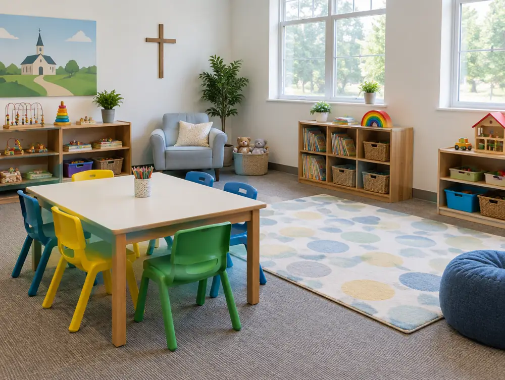 A church nursery with a low table, small chairs and tidy shelves