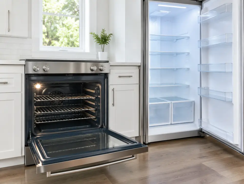 A clean kitchen with the oven and refrigerator open and empty