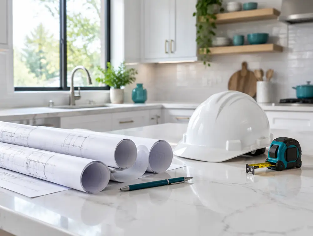 Rolled drawings and a hard hat on a clean new kitchen counter
