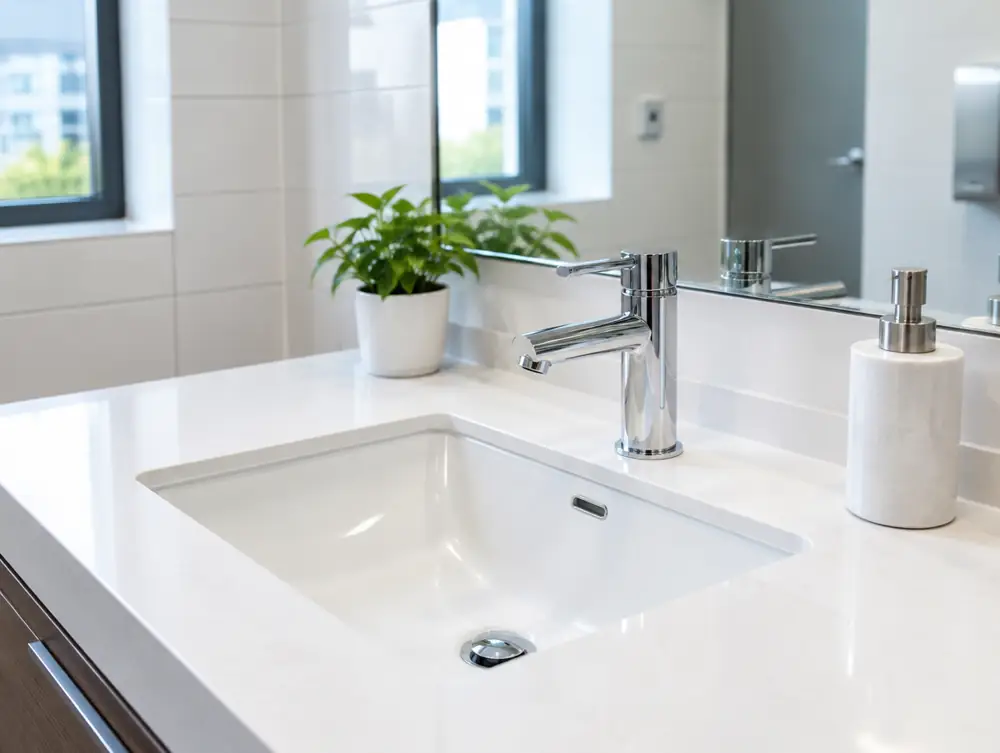 A clean sink with a polished faucet