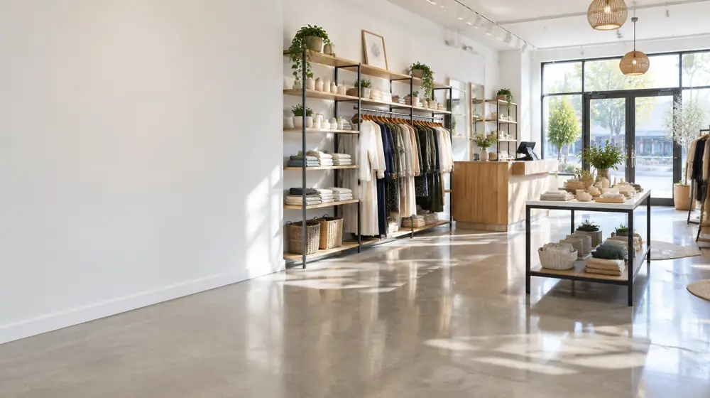 A tidy boutique with a glass storefront