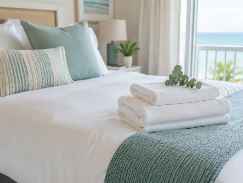 Folded towels on a made bed