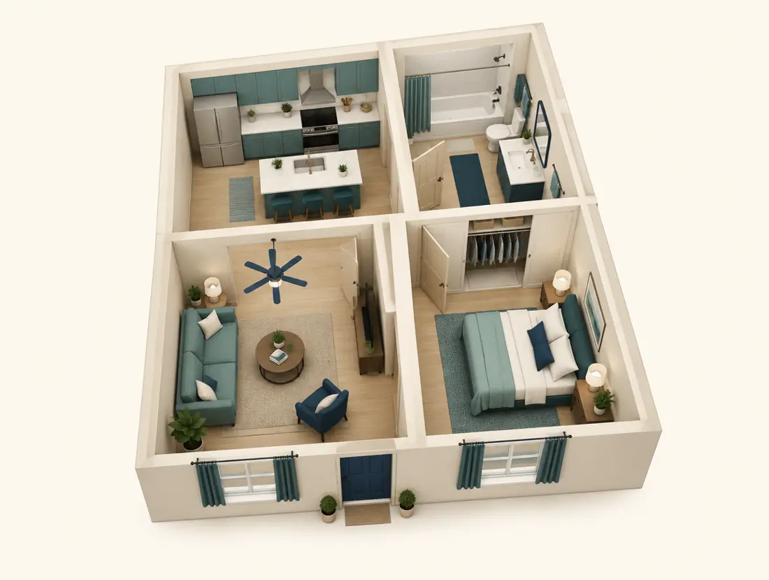 Cutaway view of a one-bedroom apartment with a kitchen, bathroom, living room and bedroom